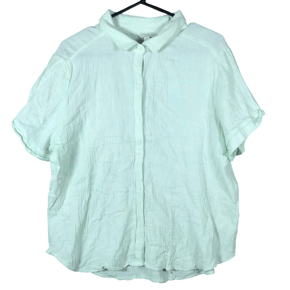 Lucky Brand Womens Blouse Mint Green V Neck Button Down Short Sleeve Large